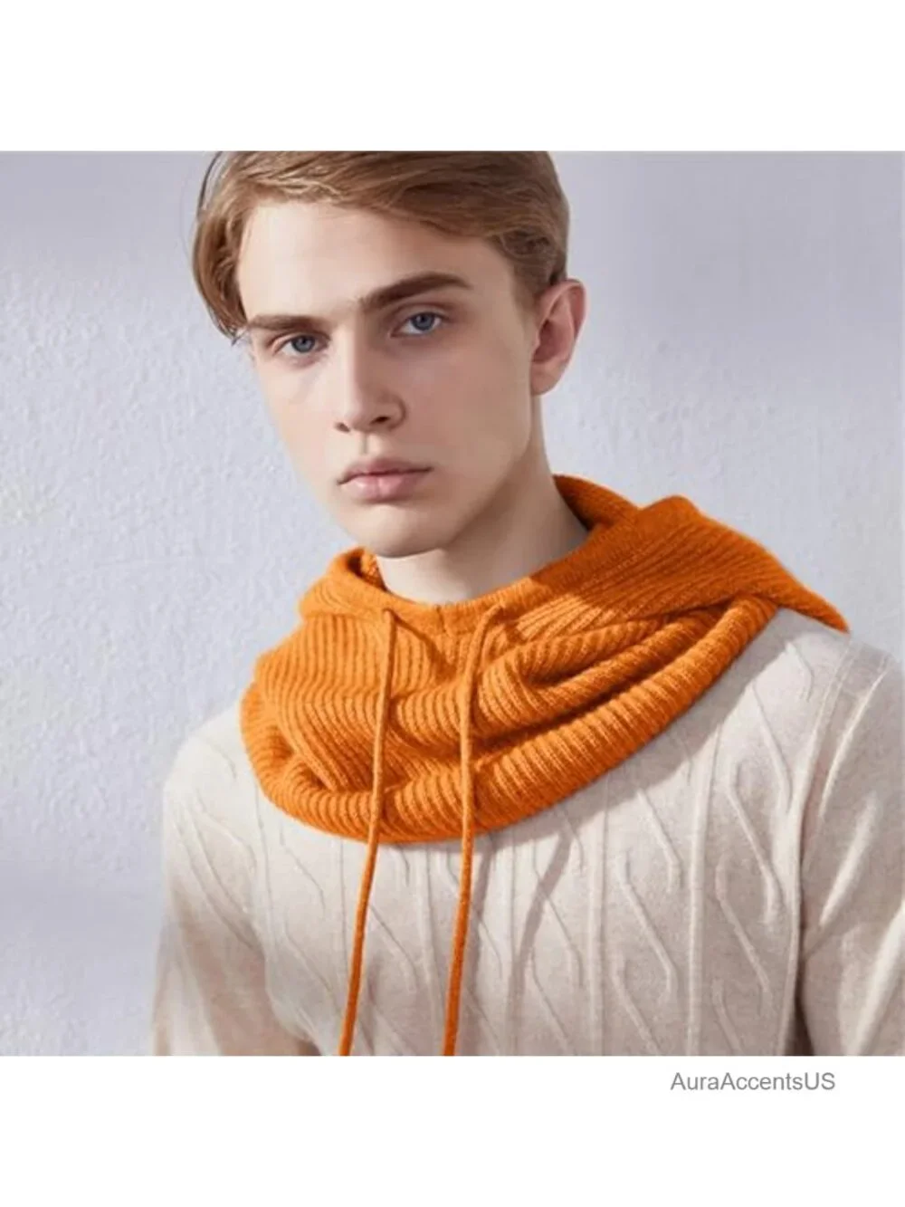 Wool Acrylic Knit Hooded Scarf Hat Balaclava with Drawstring Unisex Winter